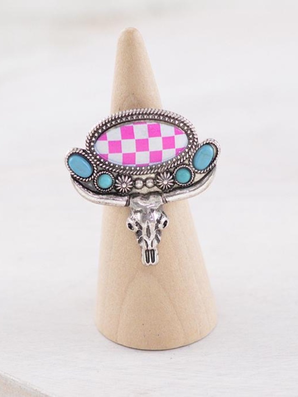 Western Fashion Turquoise Accent Checkerboard Statement Ring - Pink & Turquoise